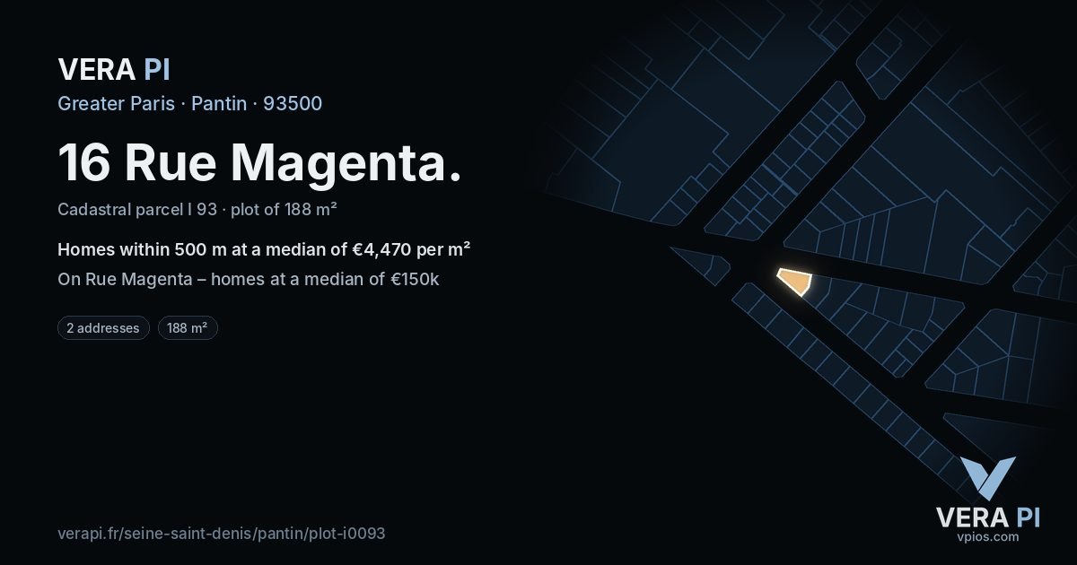 16 Rue Magenta, Pantin at night – the plot lit, the parcels around coloured by the prices near them