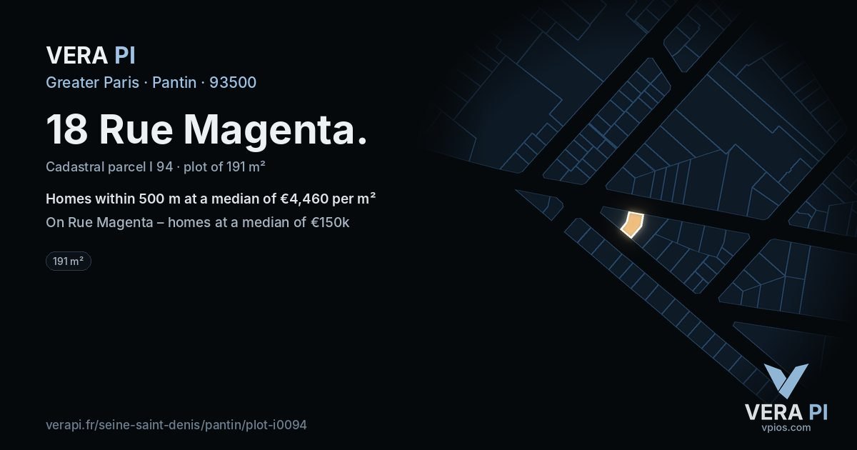 18 Rue Magenta, Pantin at night – the plot lit, the parcels around coloured by the prices near them
