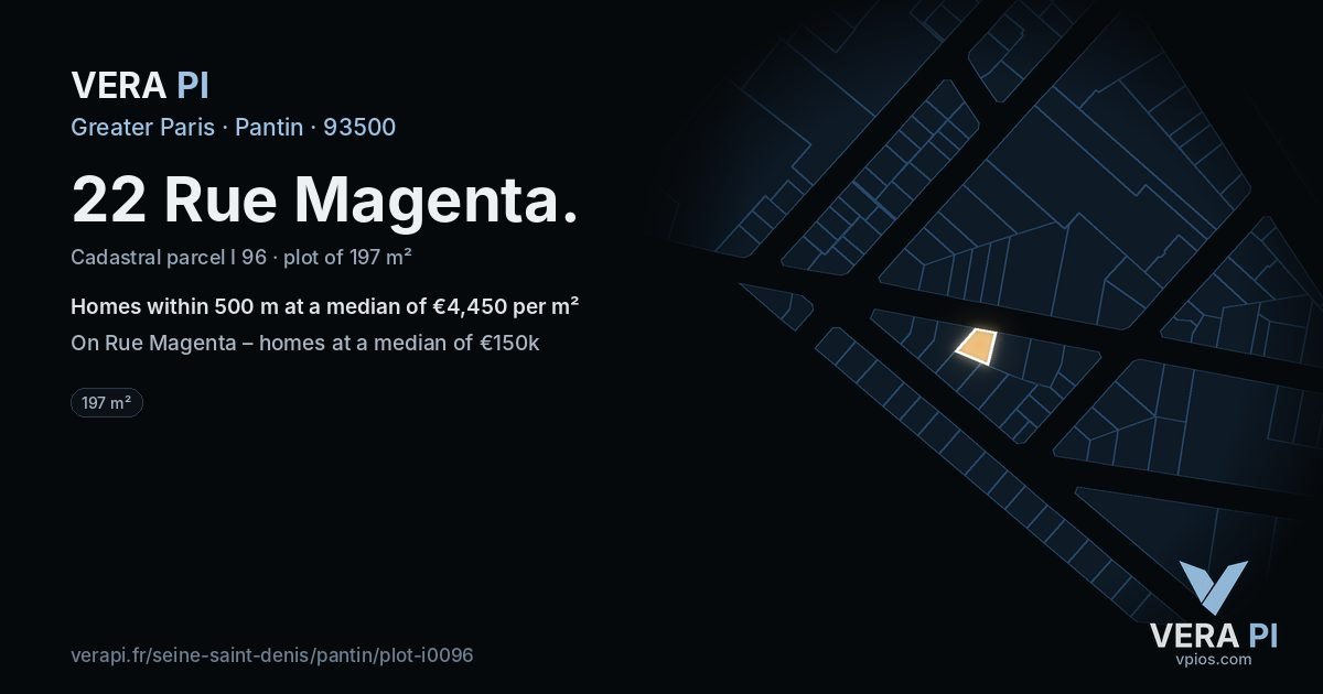 22 Rue Magenta, Pantin at night – the plot lit, the parcels around coloured by the prices near them