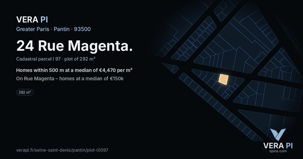 24 Rue Magenta, Pantin at night – the plot lit, the parcels around coloured by the prices near them