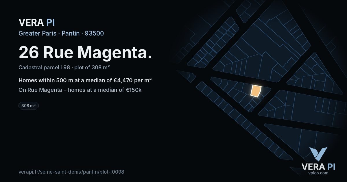 26 Rue Magenta, Pantin at night – the plot lit, the parcels around coloured by the prices near them