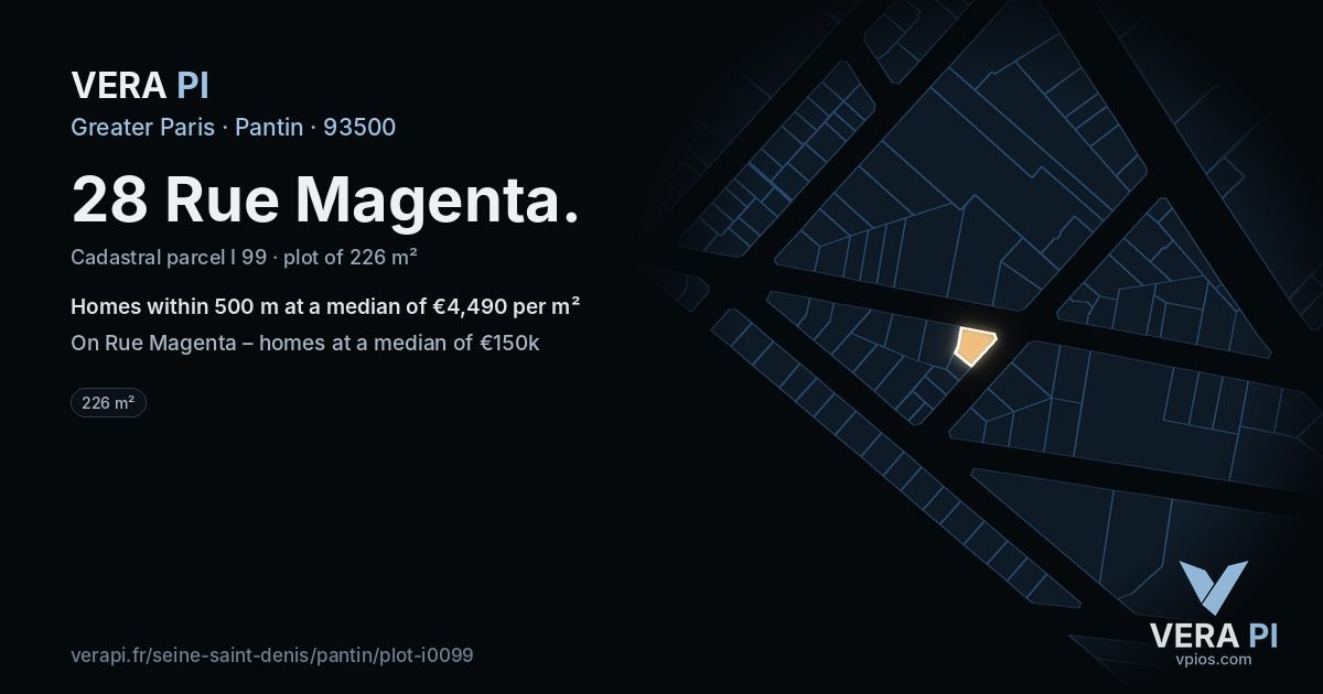 28 Rue Magenta, Pantin at night – the plot lit, the parcels around coloured by the prices near them
