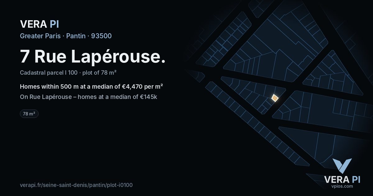 7 Rue Lapérouse, Pantin at night – the plot lit, the parcels around coloured by the prices near them