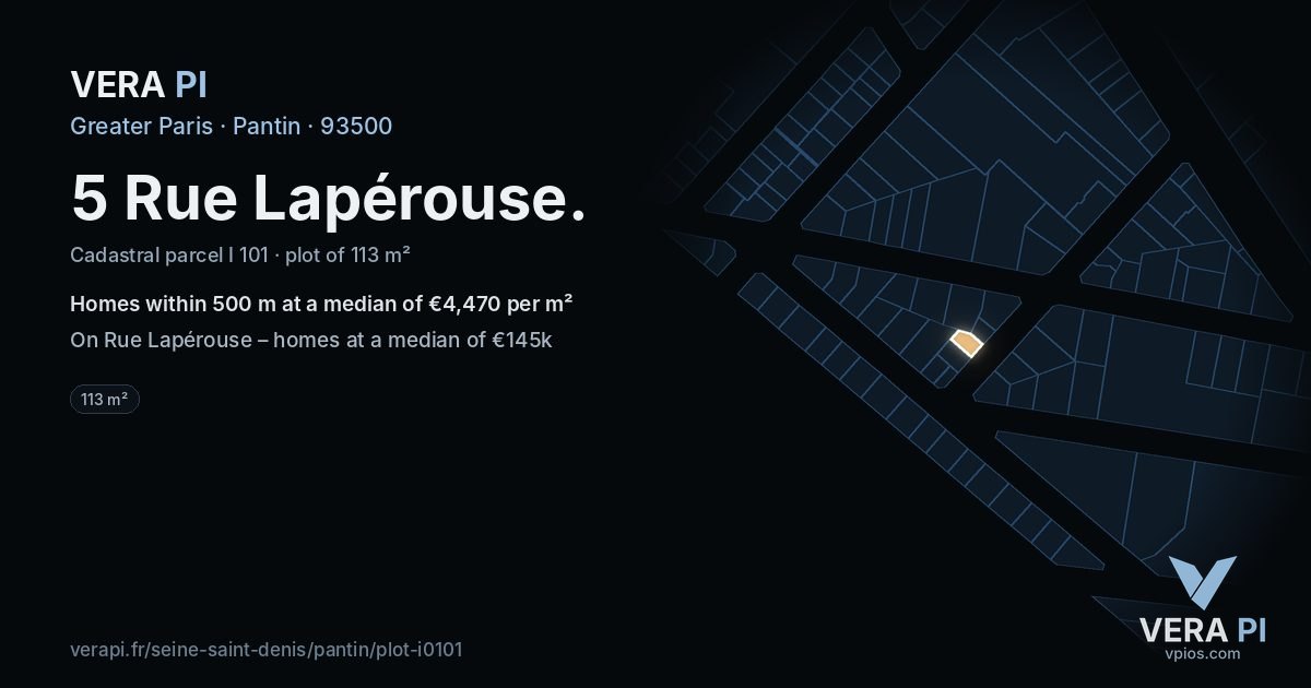 5 Rue Lapérouse, Pantin at night – the plot lit, the parcels around coloured by the prices near them