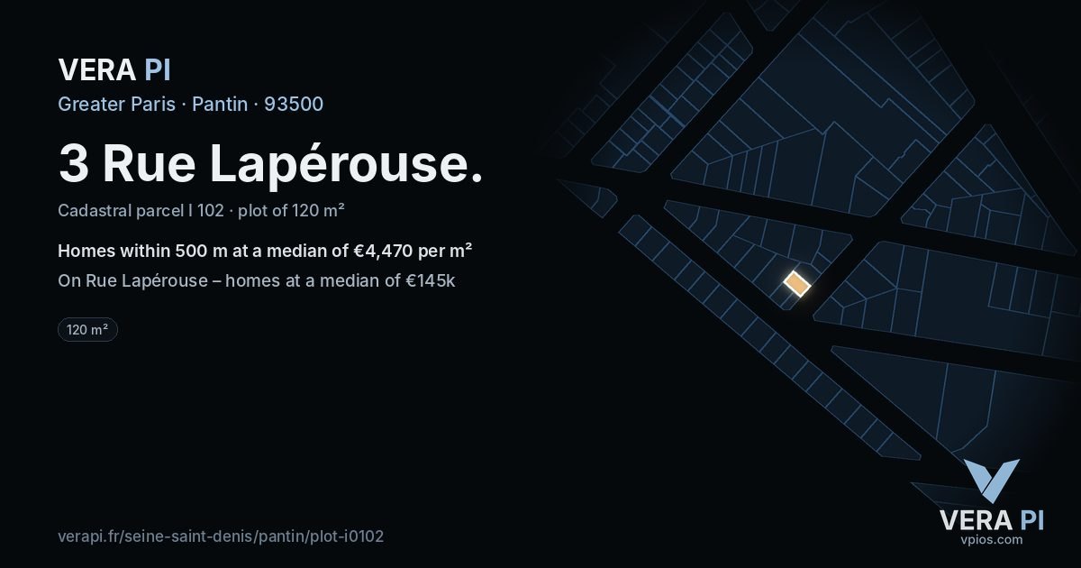 3 Rue Lapérouse, Pantin at night – the plot lit, the parcels around coloured by the prices near them
