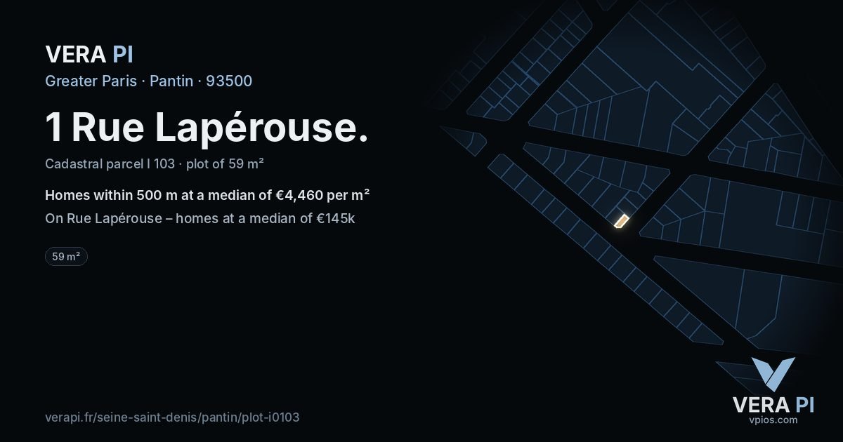 1 Rue Lapérouse, Pantin at night – the plot lit, the parcels around coloured by the prices near them