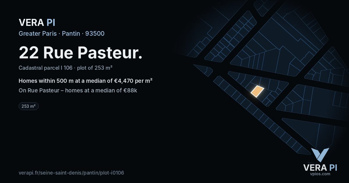 22 Rue Pasteur, Pantin at night – the plot lit, the parcels around coloured by the prices near them