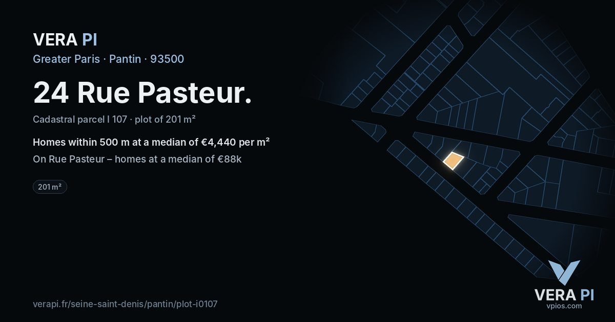 24 Rue Pasteur, Pantin at night – the plot lit, the parcels around coloured by the prices near them