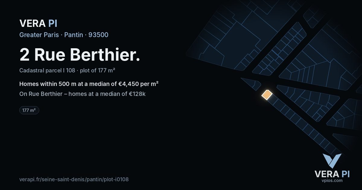 2 Rue Berthier, Pantin at night – the plot lit, the parcels around coloured by the prices near them