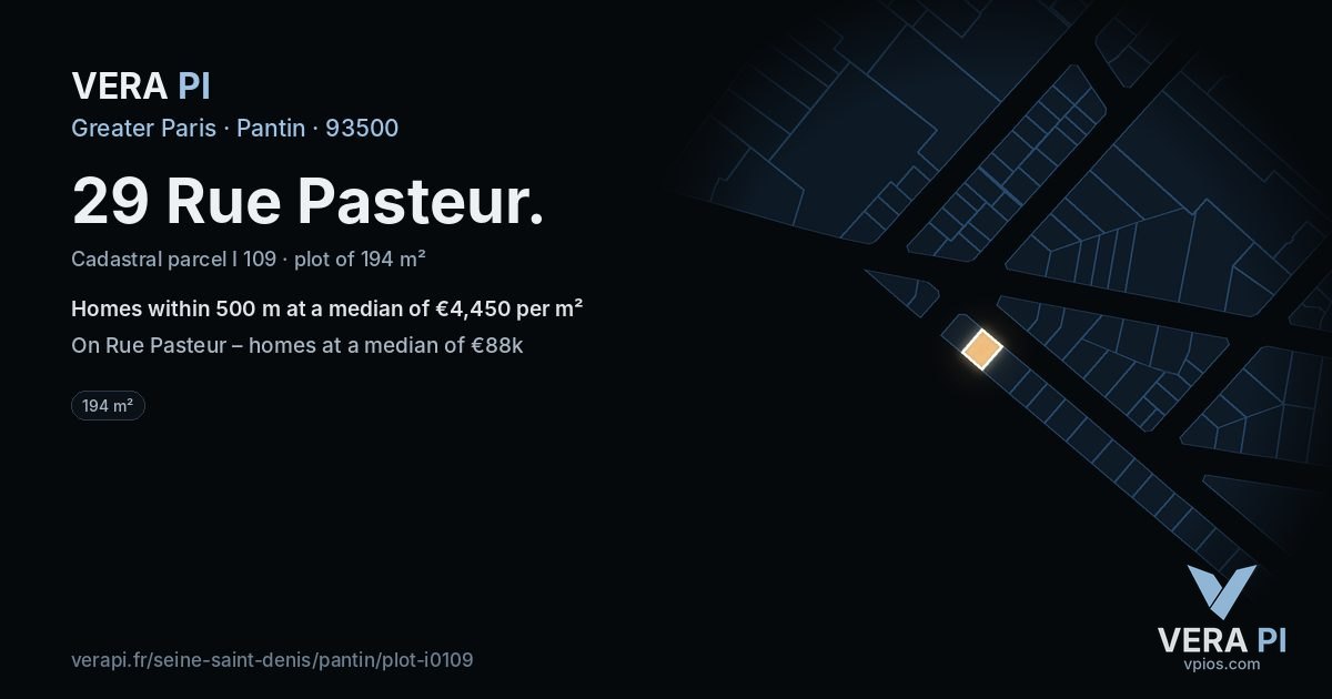 29 Rue Pasteur, Pantin at night – the plot lit, the parcels around coloured by the prices near them