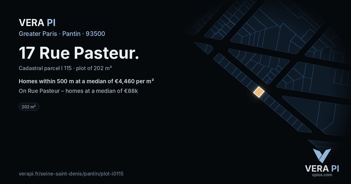 17 Rue Pasteur, Pantin at night – the plot lit, the parcels around coloured by the prices near them