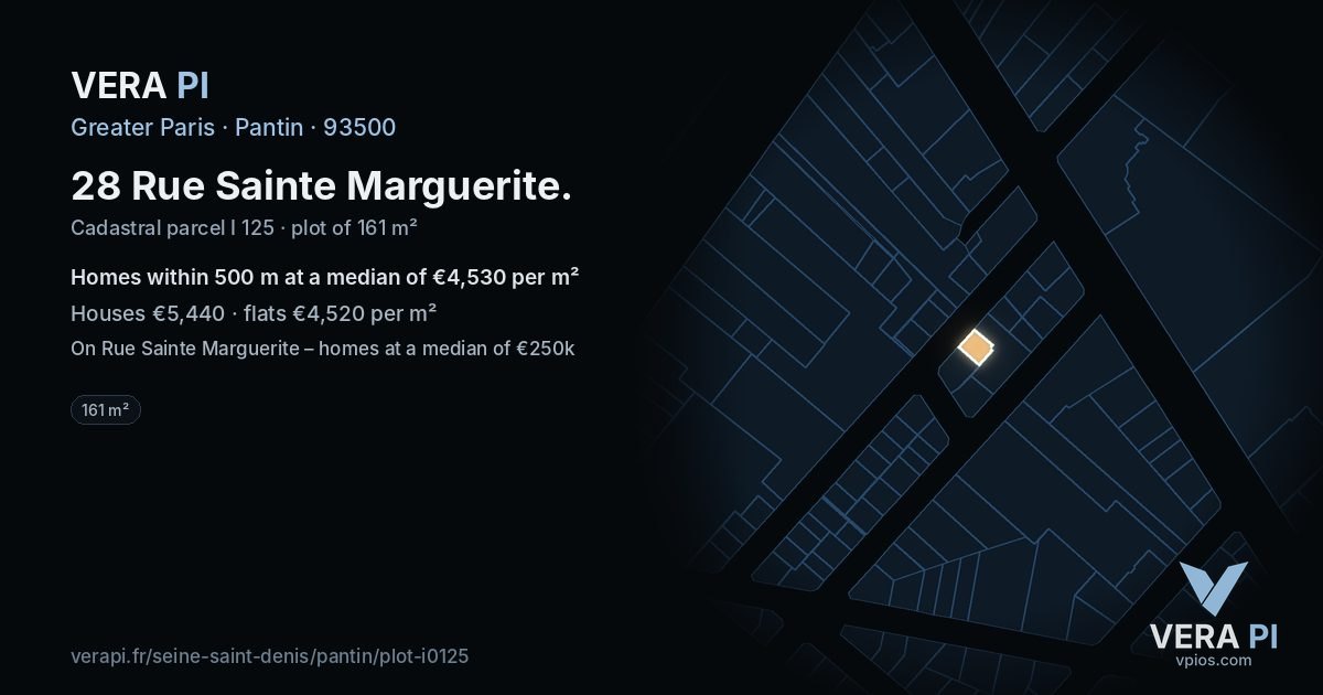 28 Rue Sainte Marguerite, Pantin at night – the plot lit, the parcels around coloured by the prices near them