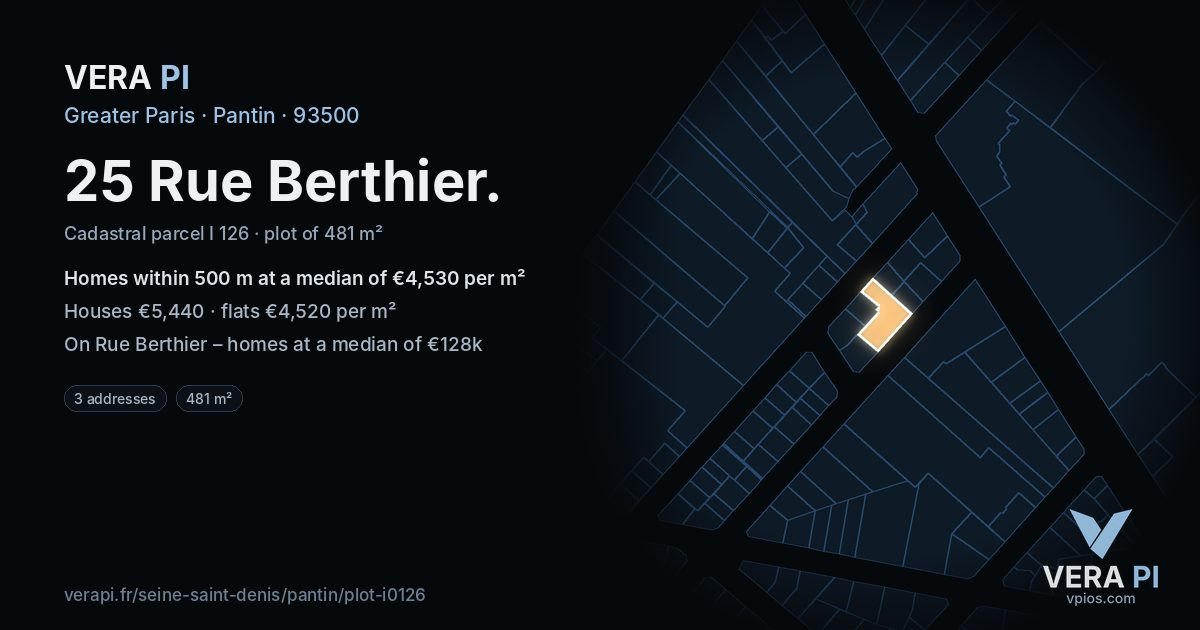 25 Rue Berthier, Pantin at night – the plot lit, the parcels around coloured by the prices near them