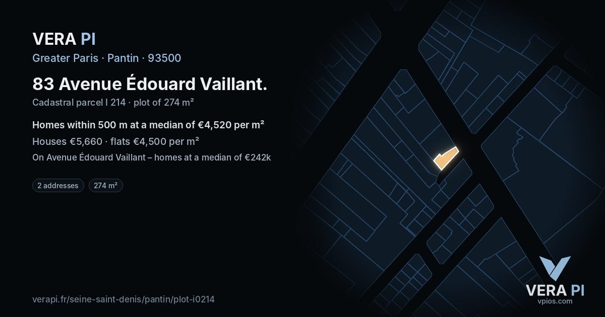 83 Avenue Édouard Vaillant, Pantin at night – the plot lit, the parcels around coloured by the prices near them