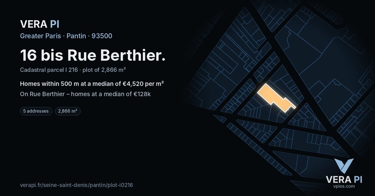 16 bis Rue Berthier, Pantin at night – the plot lit, the parcels around coloured by the prices near them