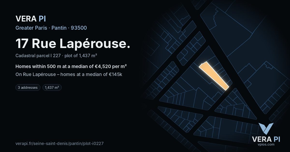 17 Rue Lapérouse, Pantin at night – the plot lit, the parcels around coloured by the prices near them