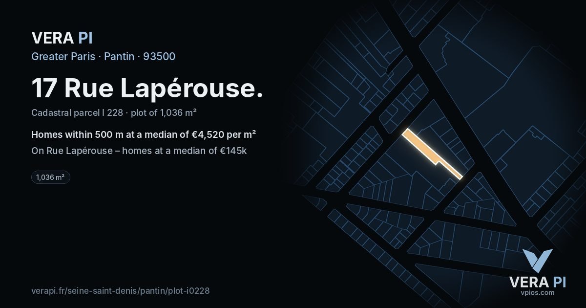 17 Rue Lapérouse, Pantin at night – the plot lit, the parcels around coloured by the prices near them