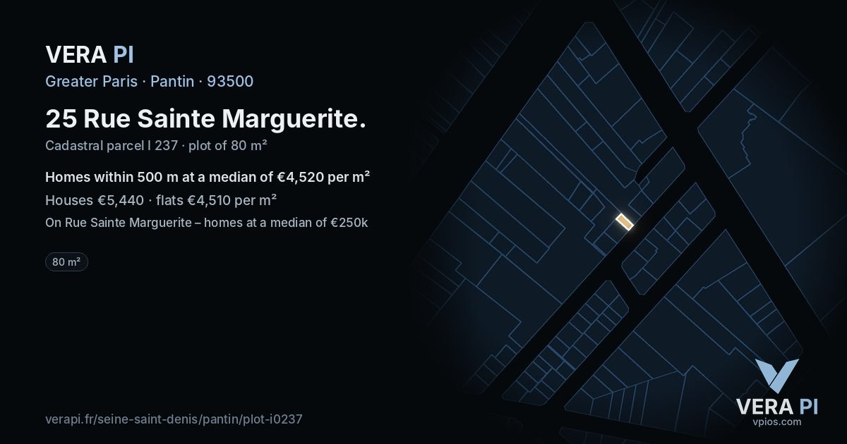 25 Rue Sainte Marguerite, Pantin at night – the plot lit, the parcels around coloured by the prices near them
