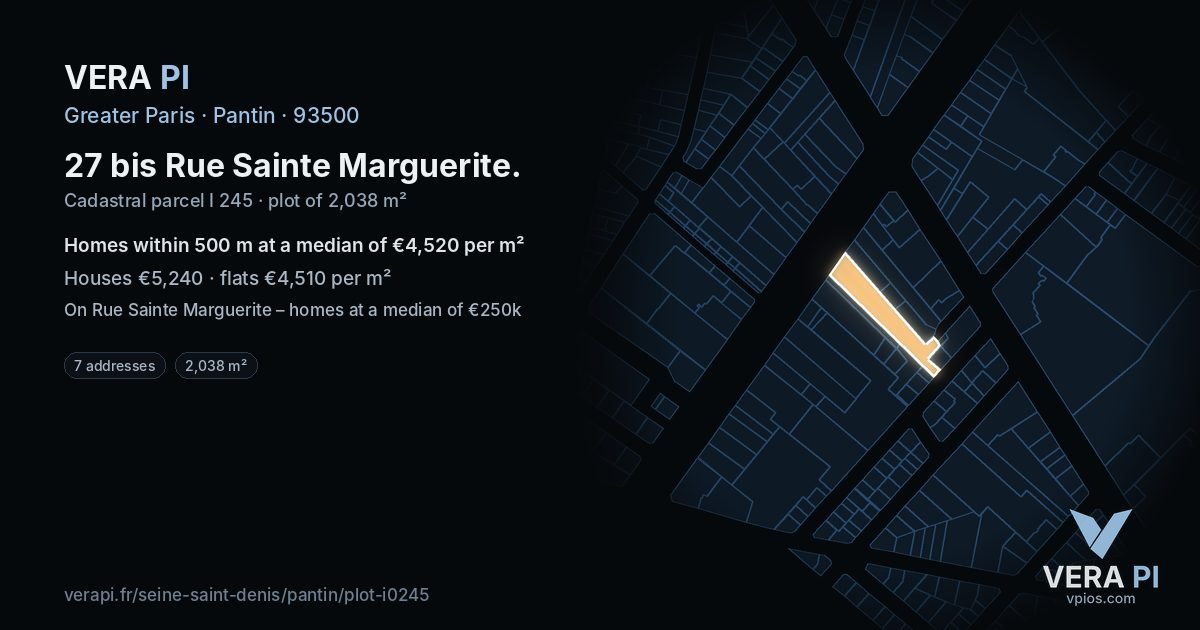 27 bis Rue Sainte Marguerite, Pantin at night – the plot lit, the parcels around coloured by the prices near them