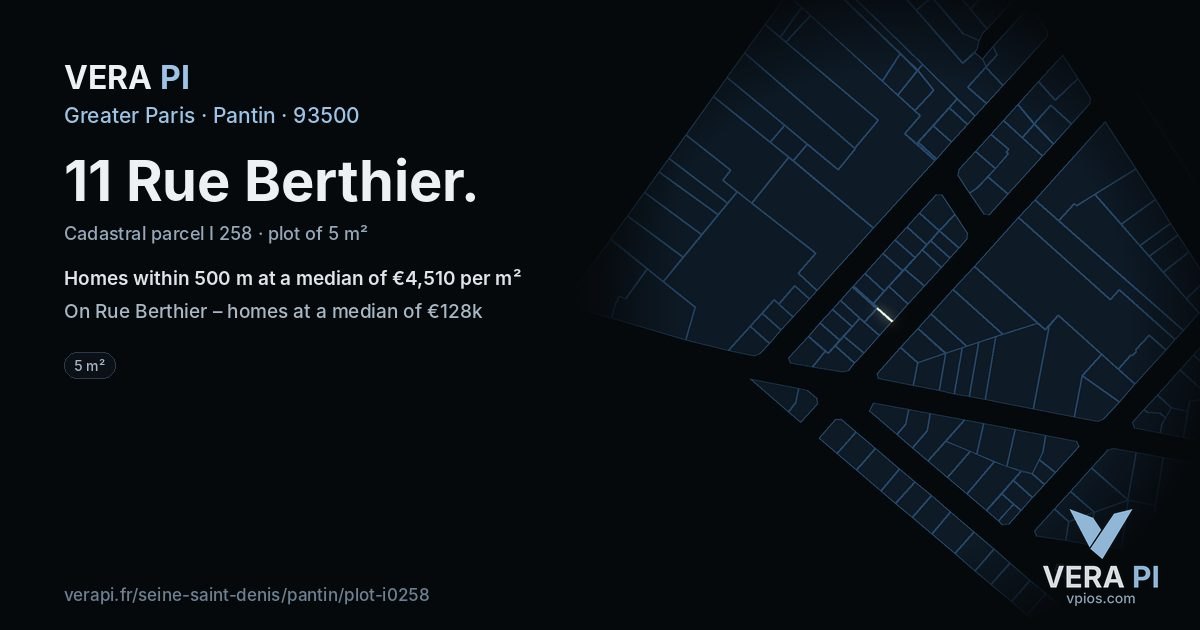 11 Rue Berthier, Pantin at night – the plot lit, the parcels around coloured by the prices near them