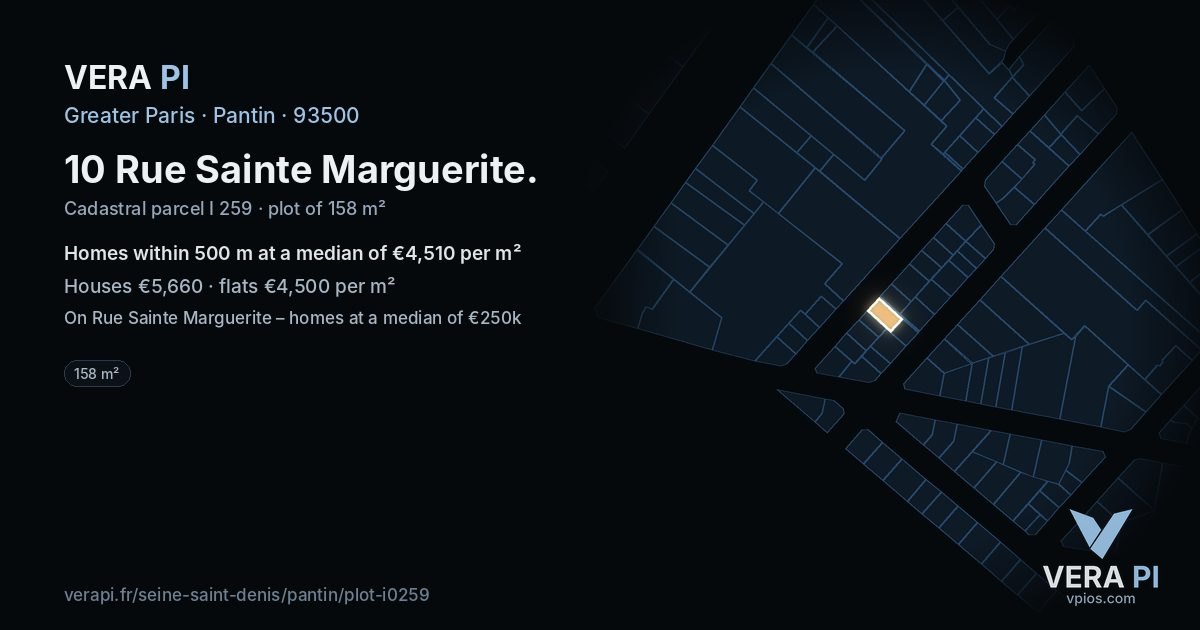 10 Rue Sainte Marguerite, Pantin at night – the plot lit, the parcels around coloured by the prices near them