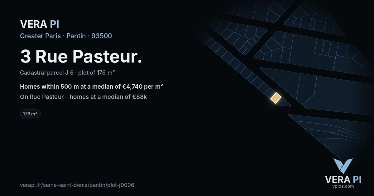3 Rue Pasteur, Pantin at night – the plot lit, the parcels around coloured by the prices near them