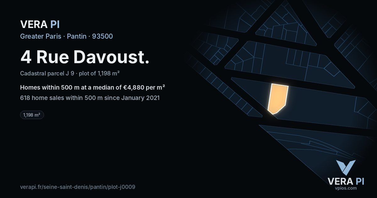 4 Rue Davoust, Pantin at night – the plot lit, the parcels around coloured by the prices near them