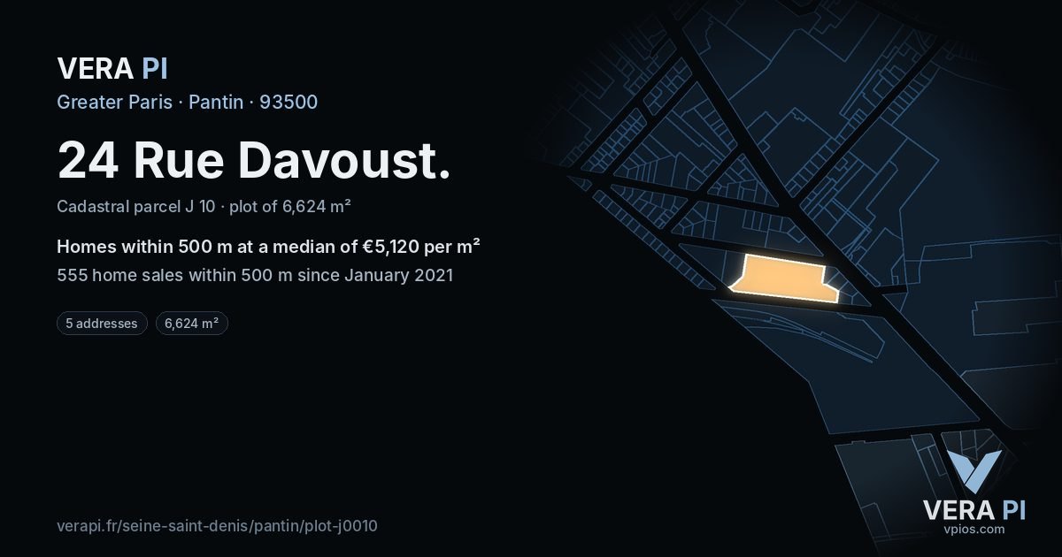 24 Rue Davoust, Pantin at night – the plot lit, the parcels around coloured by the prices near them