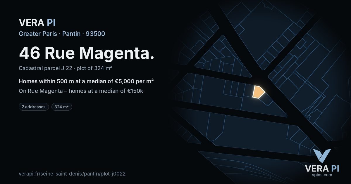 46 Rue Magenta, Pantin at night – the plot lit, the parcels around coloured by the prices near them