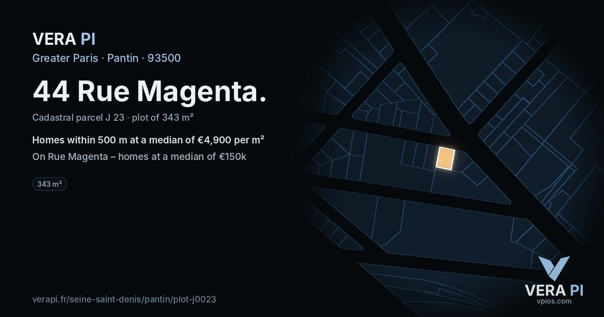 44 Rue Magenta, Pantin at night – the plot lit, the parcels around coloured by the prices near them
