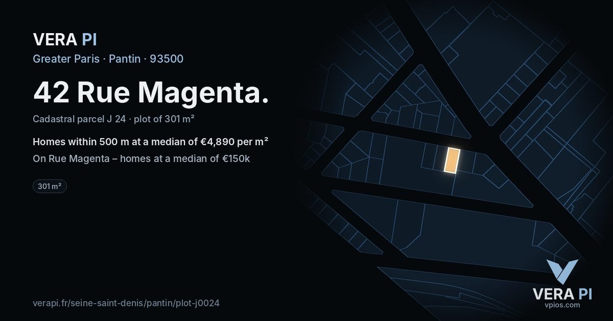 42 Rue Magenta, Pantin at night – the plot lit, the parcels around coloured by the prices near them