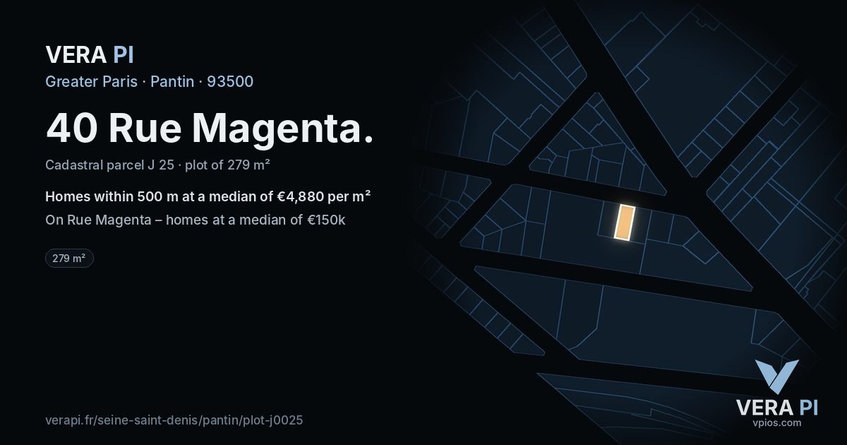 40 Rue Magenta, Pantin at night – the plot lit, the parcels around coloured by the prices near them