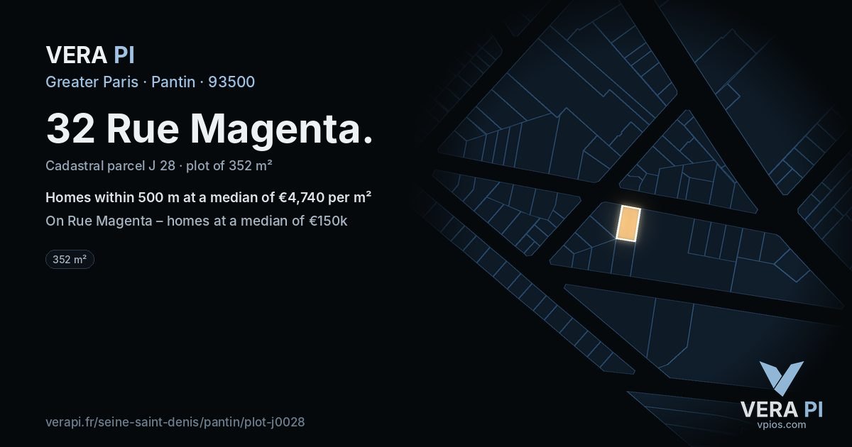 32 Rue Magenta, Pantin at night – the plot lit, the parcels around coloured by the prices near them