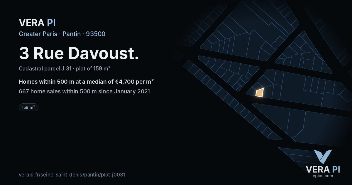 3 Rue Davoust, Pantin at night – the plot lit, the parcels around coloured by the prices near them
