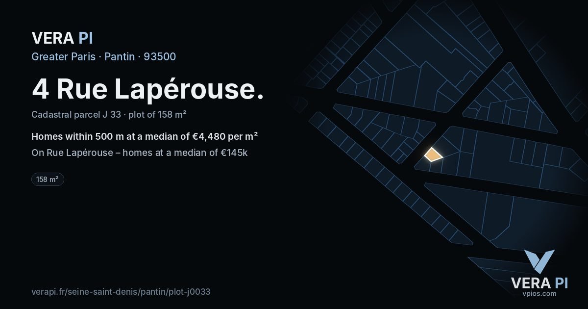 4 Rue Lapérouse, Pantin at night – the plot lit, the parcels around coloured by the prices near them