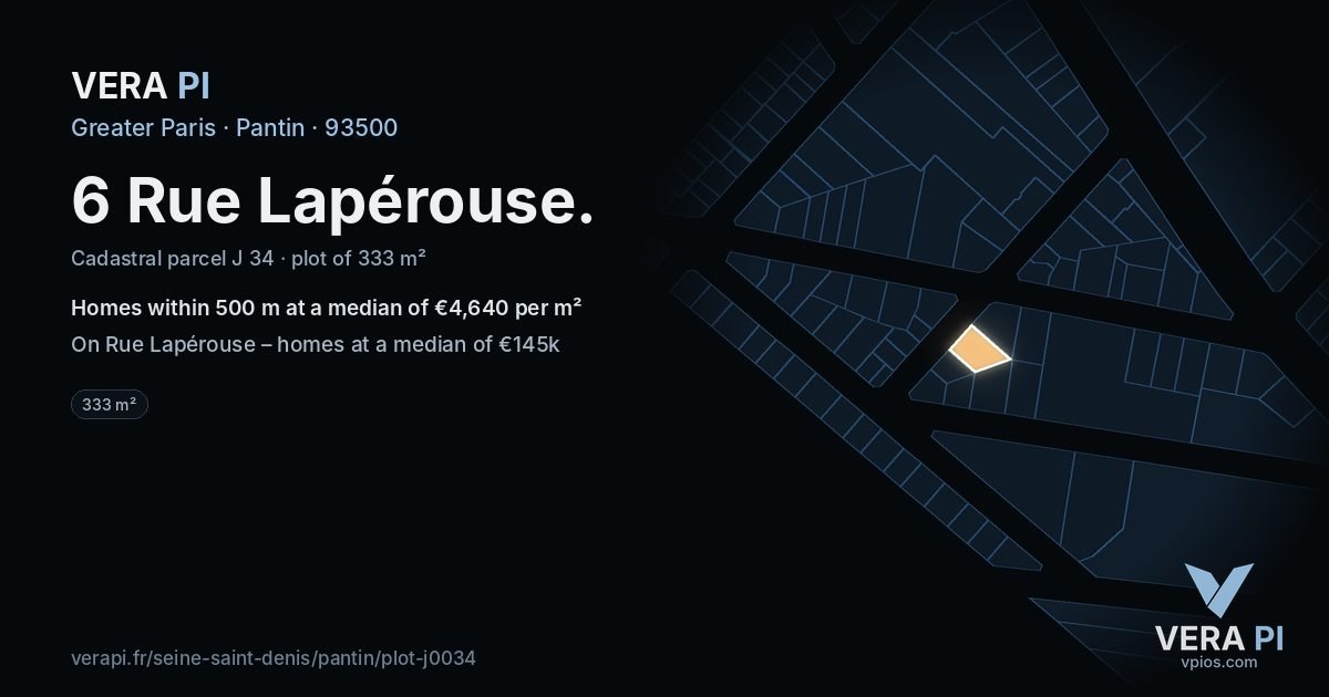 6 Rue Lapérouse, Pantin at night – the plot lit, the parcels around coloured by the prices near them