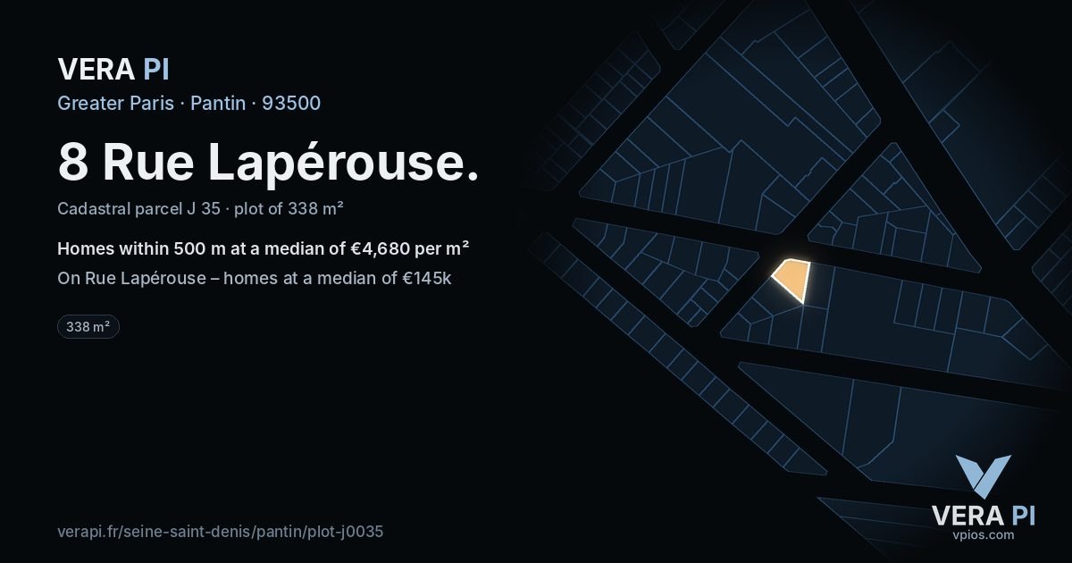 8 Rue Lapérouse, Pantin at night – the plot lit, the parcels around coloured by the prices near them