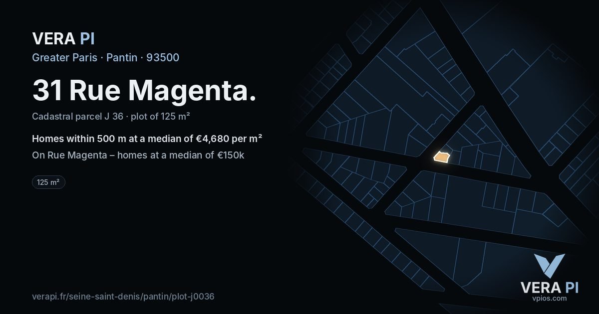 31 Rue Magenta, Pantin at night – the plot lit, the parcels around coloured by the prices near them