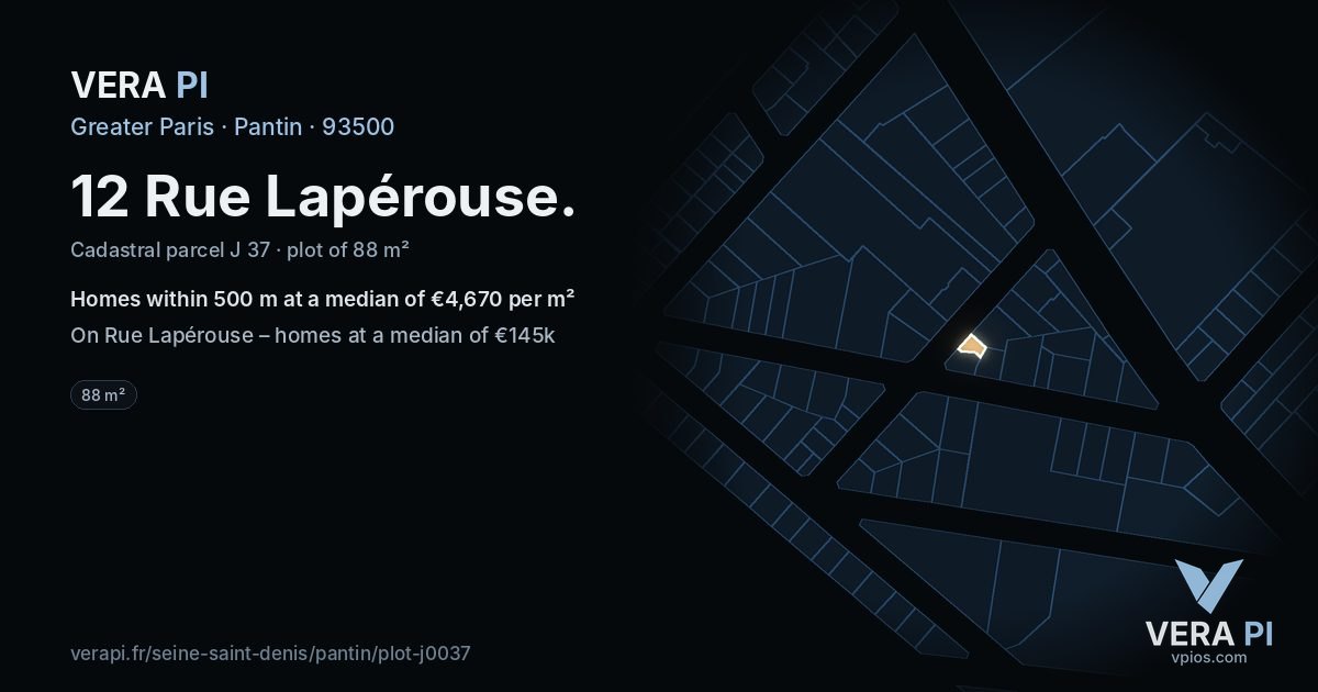 12 Rue Lapérouse, Pantin at night – the plot lit, the parcels around coloured by the prices near them