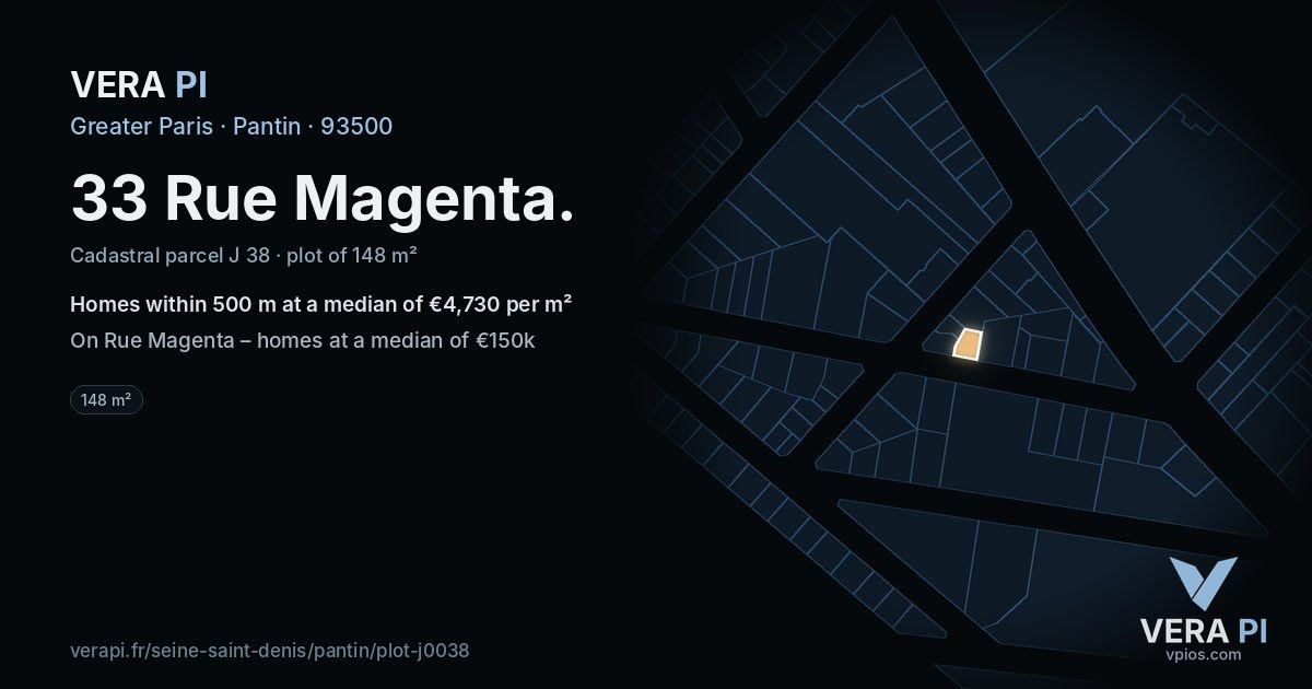 33 Rue Magenta, Pantin at night – the plot lit, the parcels around coloured by the prices near them