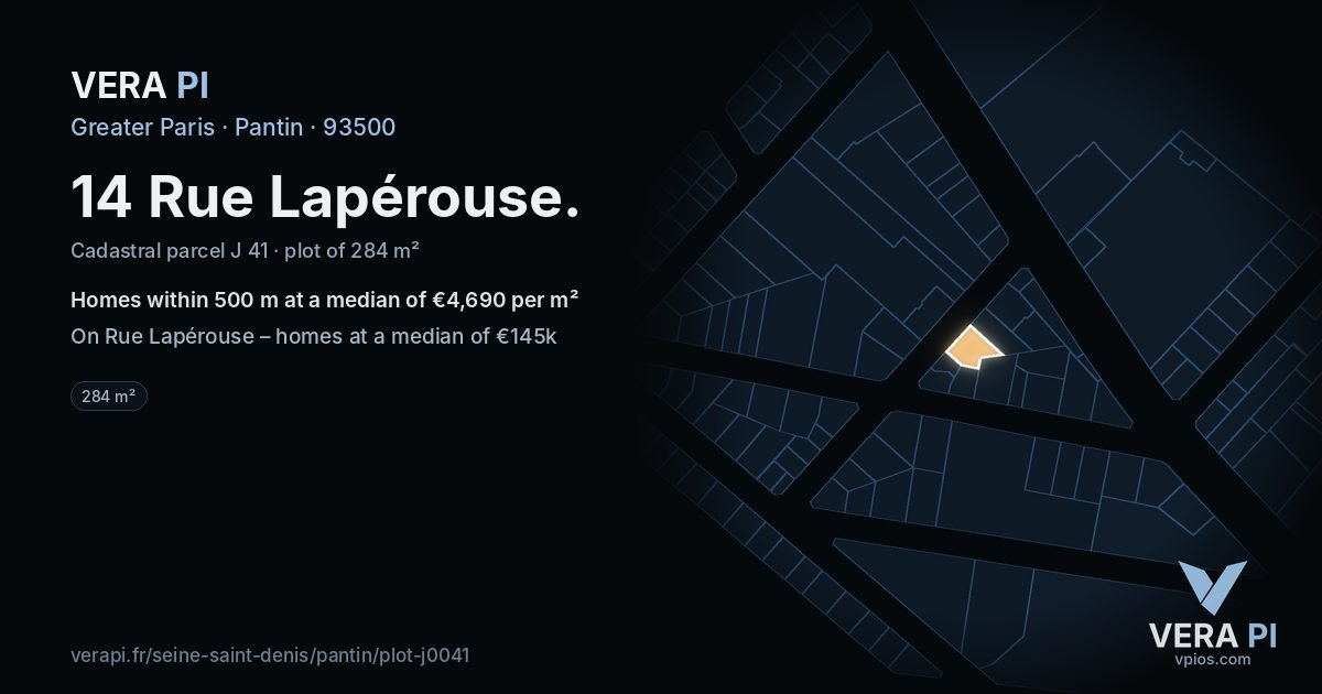 14 Rue Lapérouse, Pantin at night – the plot lit, the parcels around coloured by the prices near them