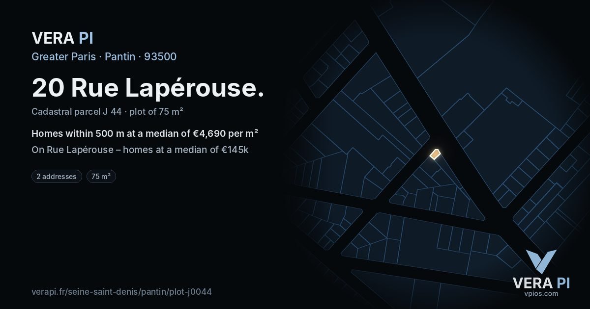 20 Rue Lapérouse, Pantin at night – the plot lit, the parcels around coloured by the prices near them