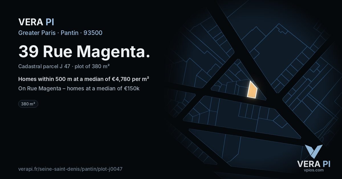 39 Rue Magenta, Pantin at night – the plot lit, the parcels around coloured by the prices near them