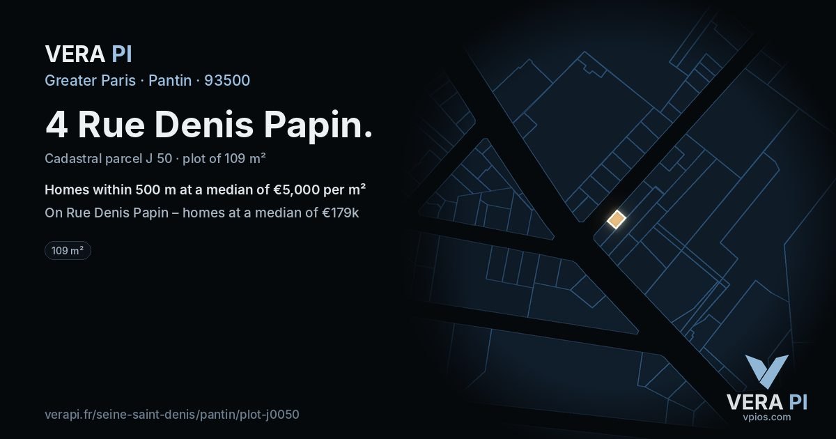 4 Rue Denis Papin, Pantin at night – the plot lit, the parcels around coloured by the prices near them