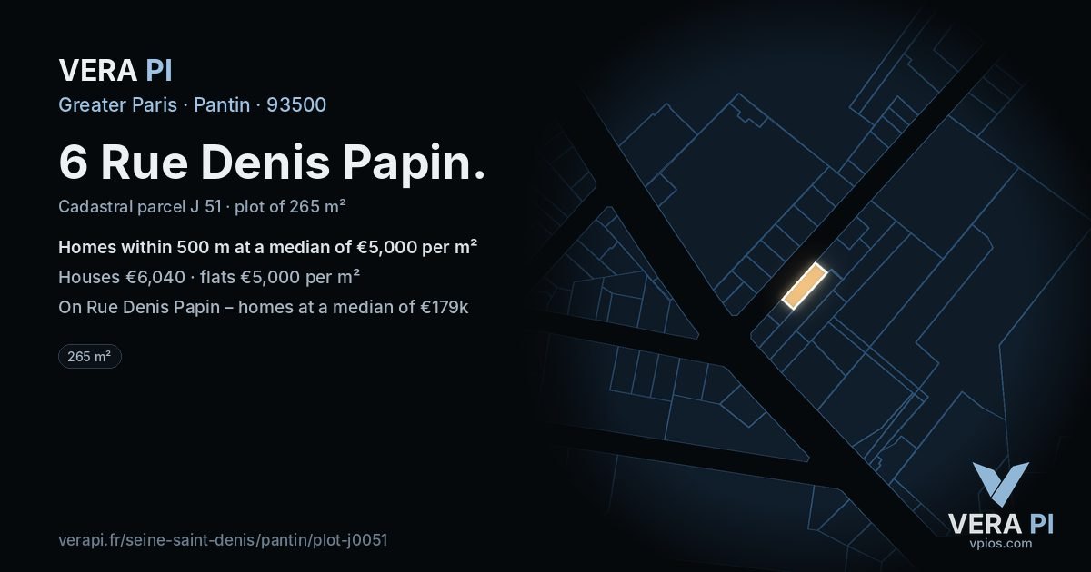 6 Rue Denis Papin, Pantin at night – the plot lit, the parcels around coloured by the prices near them