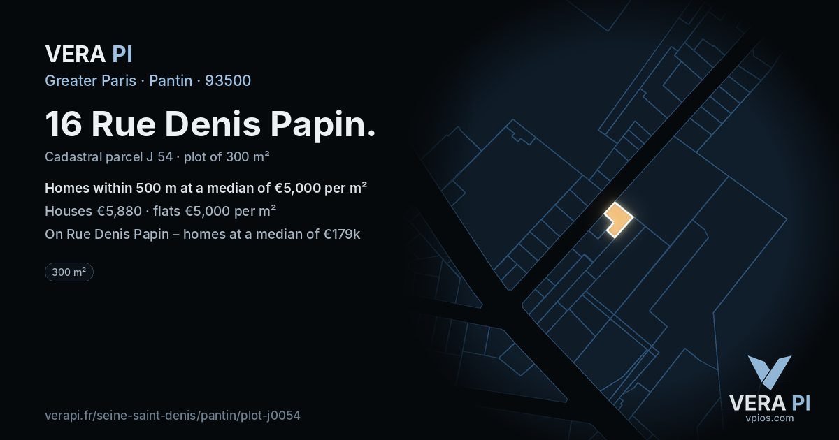 16 Rue Denis Papin, Pantin at night – the plot lit, the parcels around coloured by the prices near them