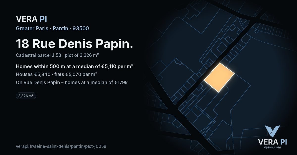 18 Rue Denis Papin, Pantin at night – the plot lit, the parcels around coloured by the prices near them