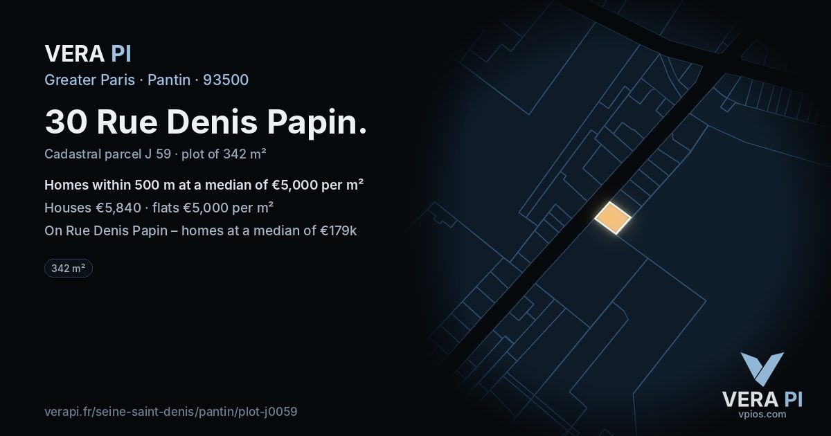 30 Rue Denis Papin, Pantin at night – the plot lit, the parcels around coloured by the prices near them