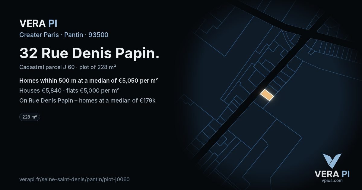 32 Rue Denis Papin, Pantin at night – the plot lit, the parcels around coloured by the prices near them