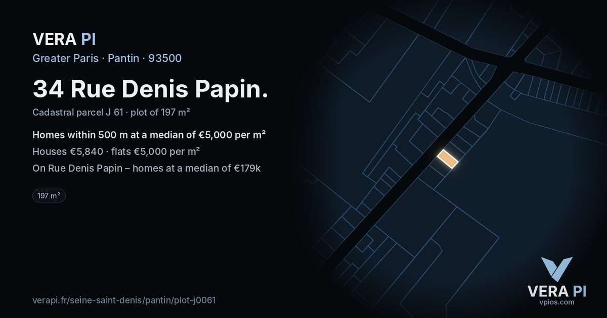 34 Rue Denis Papin, Pantin at night – the plot lit, the parcels around coloured by the prices near them